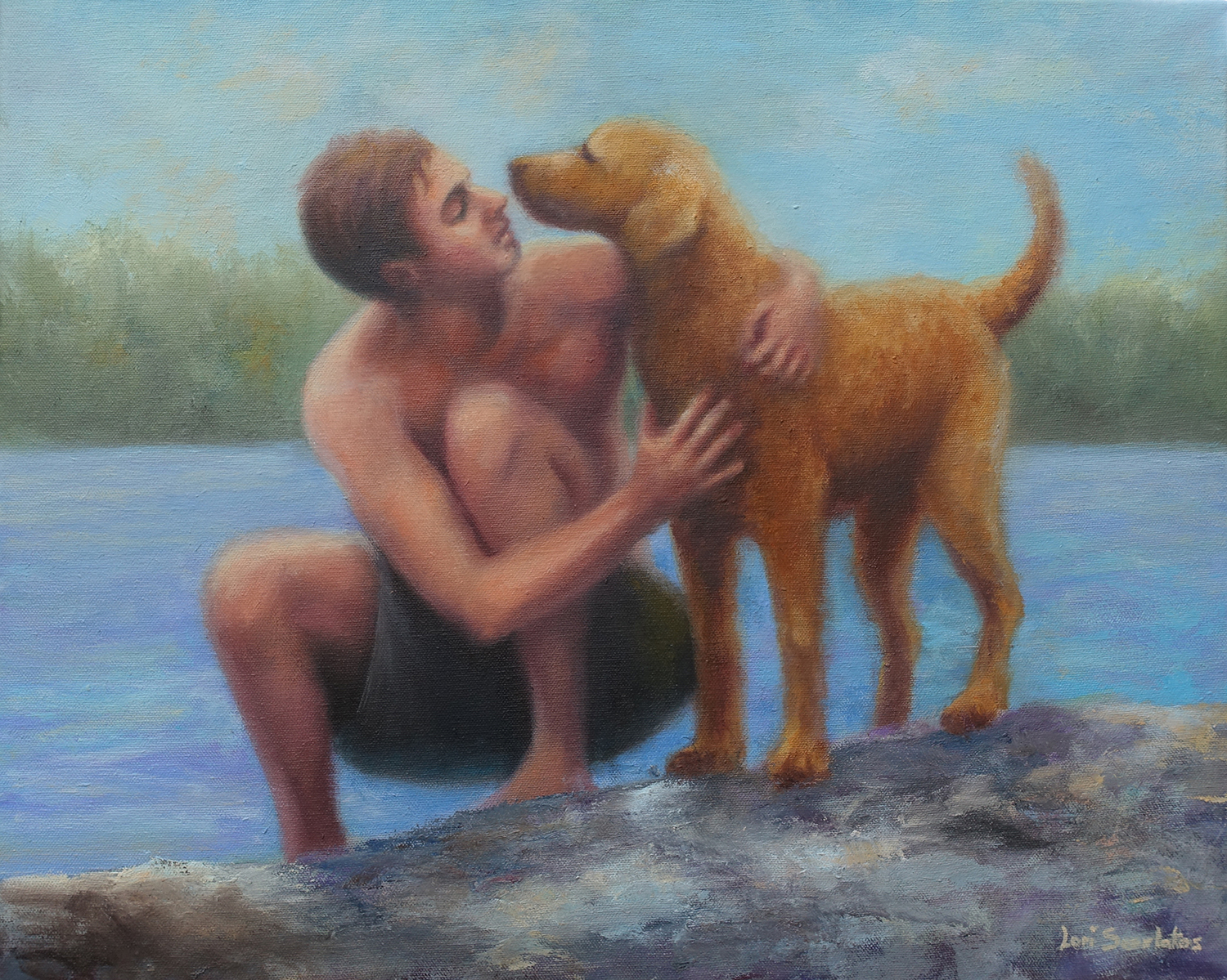 The first year that we brought Taffy to Maine, Alex coaxed her out into the pond and up onto Mermaid Rock. It’s not an easy climb: steep and slippery in spots. But they made it. That moment of victory, to me, seemed the perfect subject for a painting.